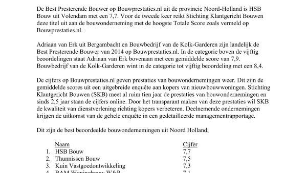 Persbericht Bouwprestaties.nl HSB op 1e plaats N-H